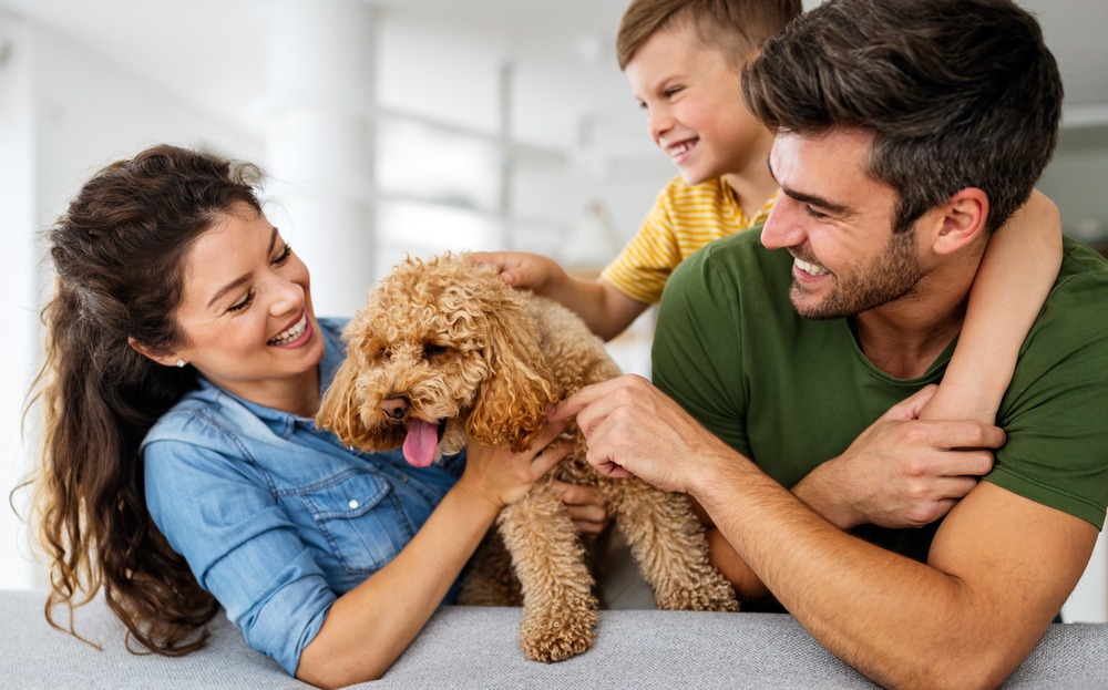 Family smiling while holding a puppy indoors, showing a positive adoption moment with parents and child