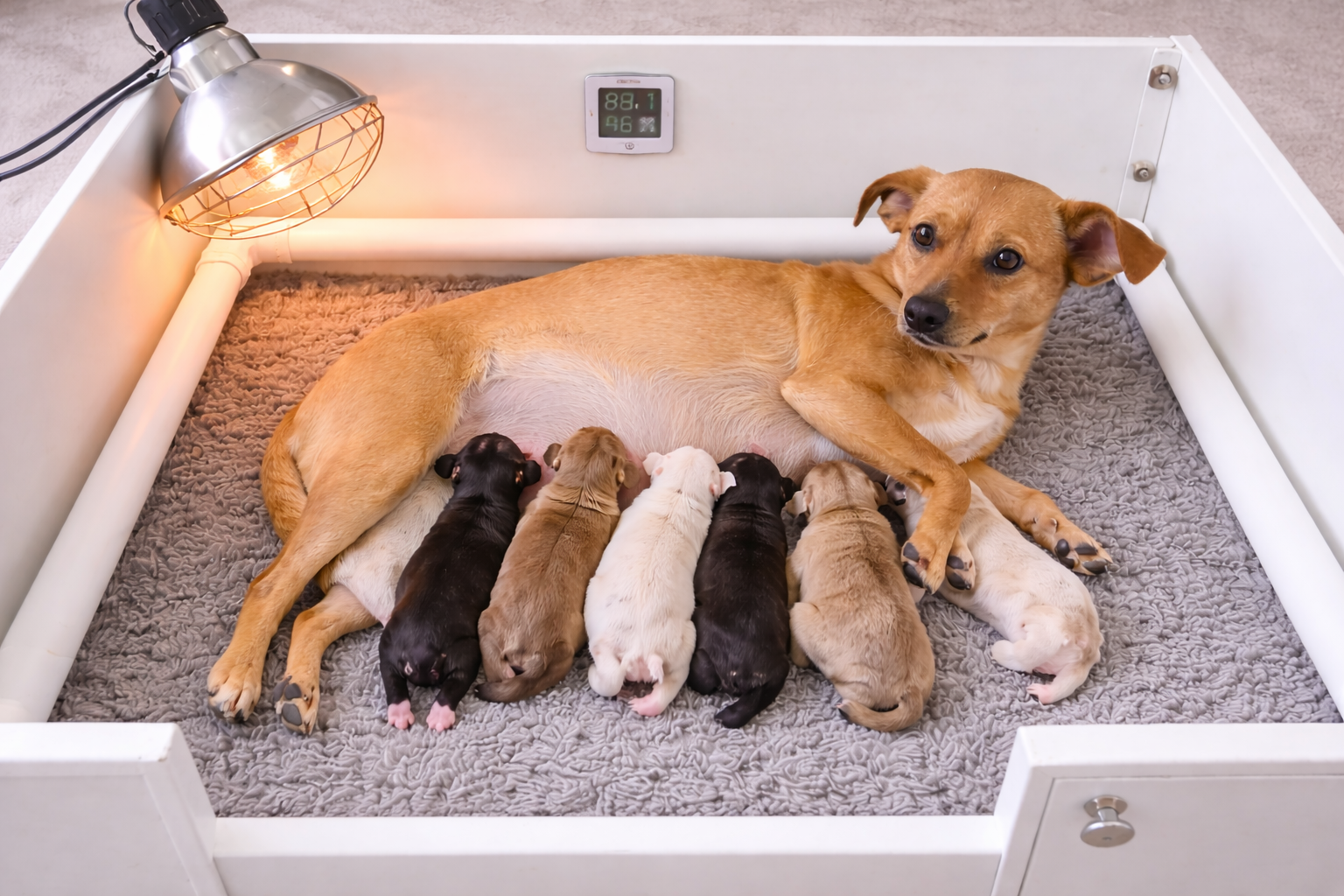 Whelping box setup with heat lamp and thermometer to regulate newborn puppy temperature