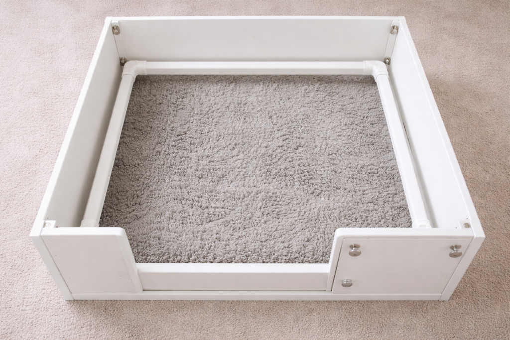Whelping box setup with pig rails, raised floor and adjustable panels for newborn puppies