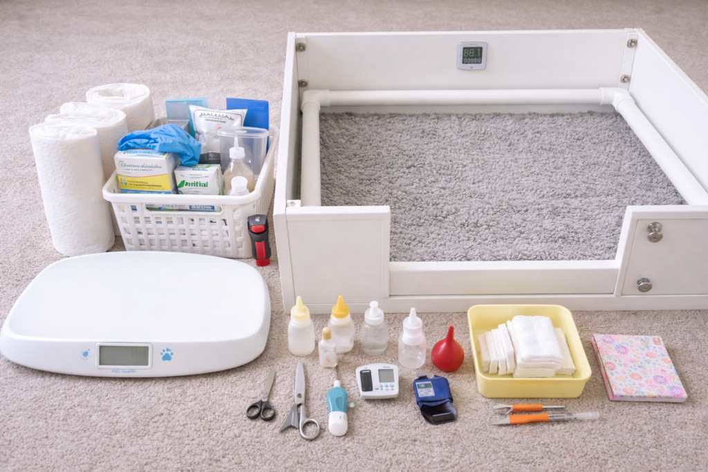 Essential supplies for whelping box setup including towels, scissors, scales and heating pad