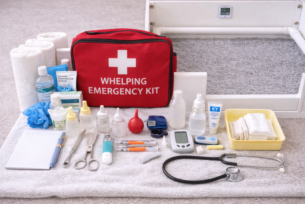 Whelping emergency kit with towels thermometer gloves and heat pad ready beside whelping box