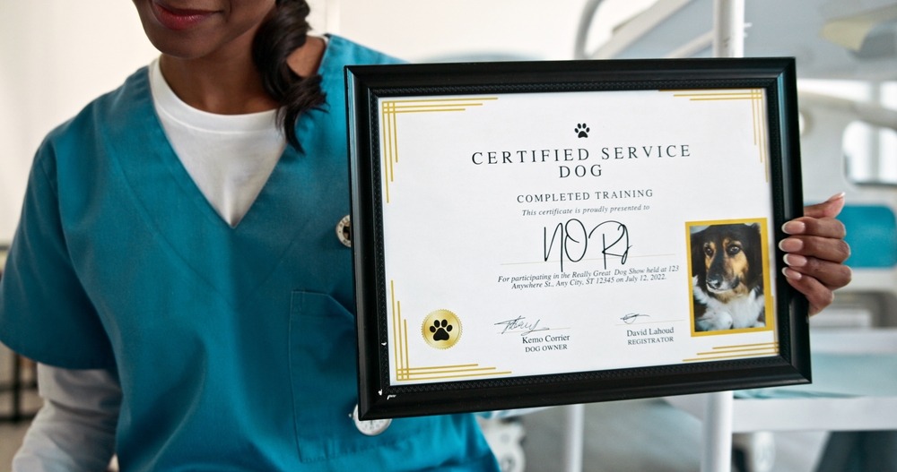 Handler holding framed dog certificate and ID photo, supporting legal dog breeding requirements for paperwork and proof