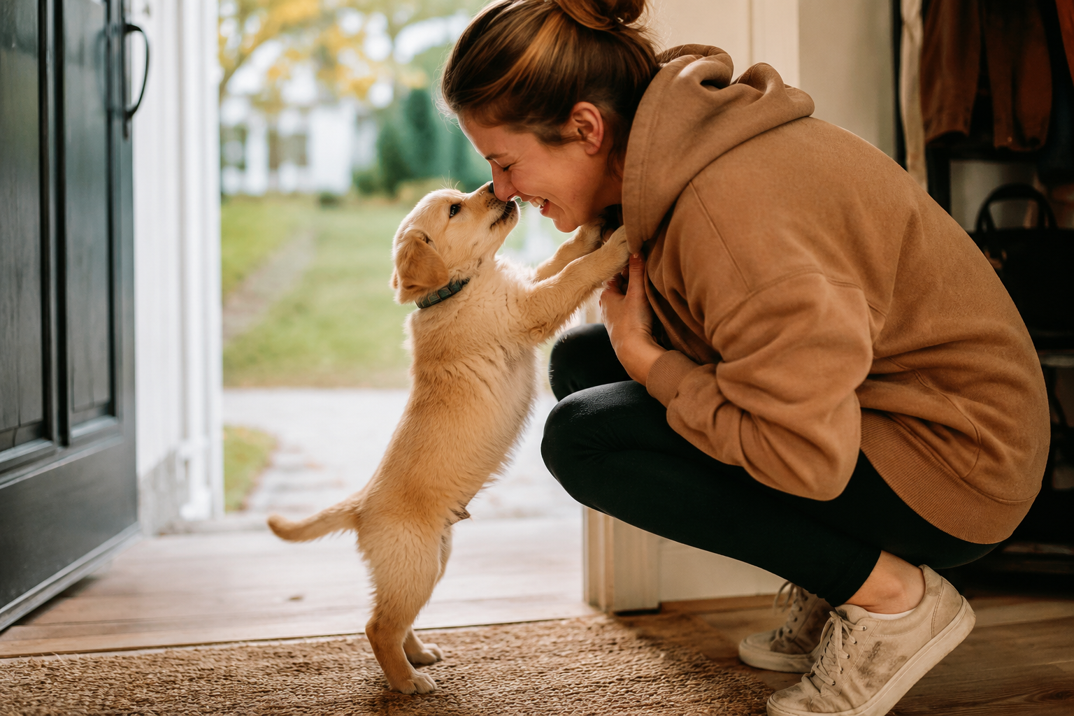 Small puppy jumping up to reach its owner's face during an excited greeting.