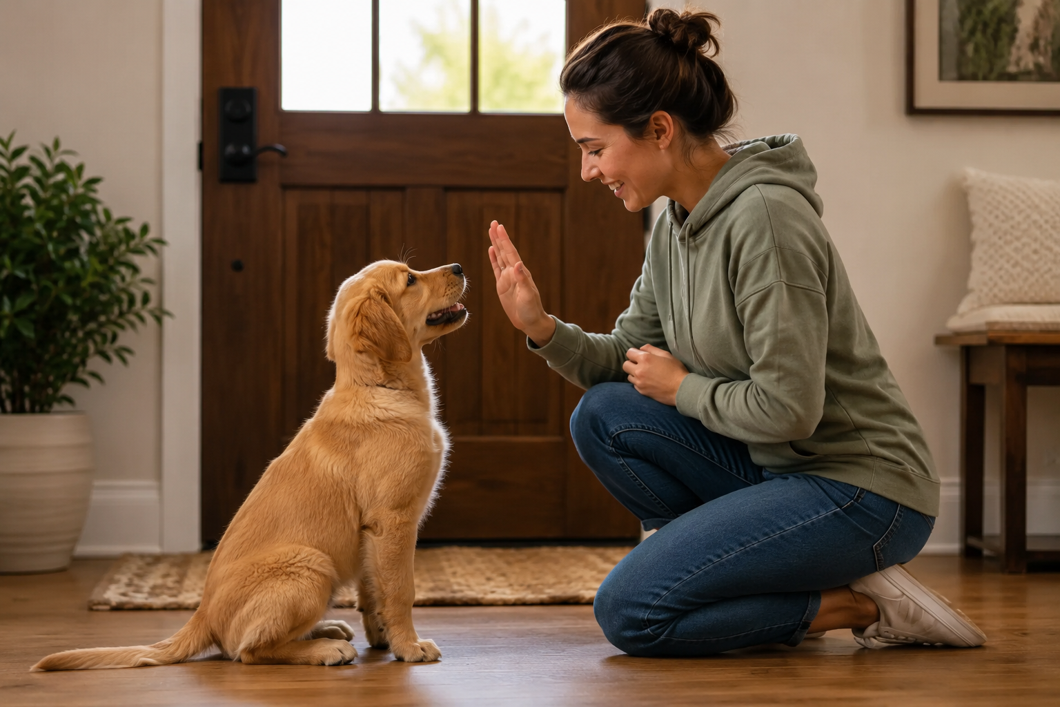 Owner praising a calm dog sitting politely instead of jumping during a greeting.