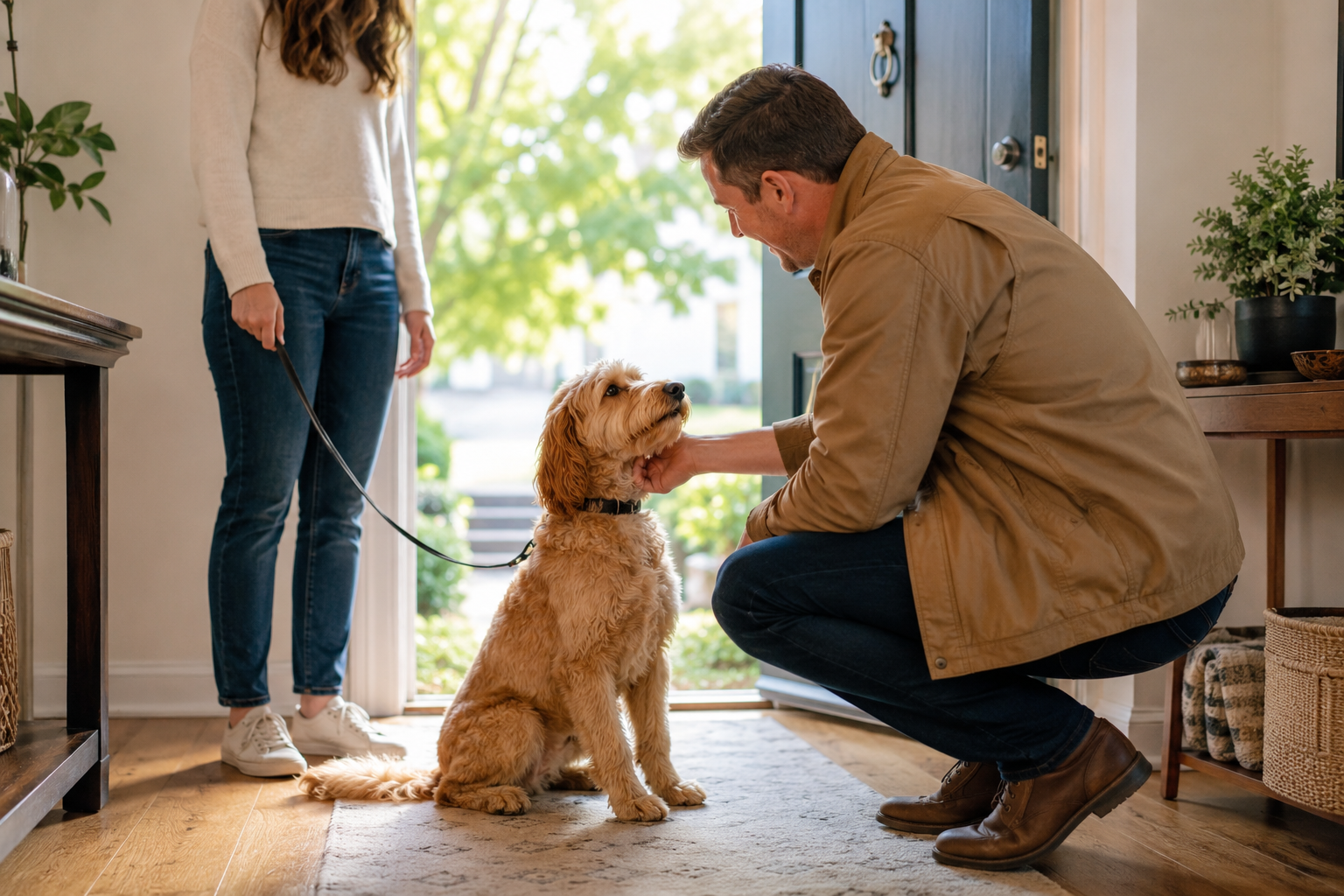 Dog kept on a loose lead sitting calmly while greeting a visitor at home.