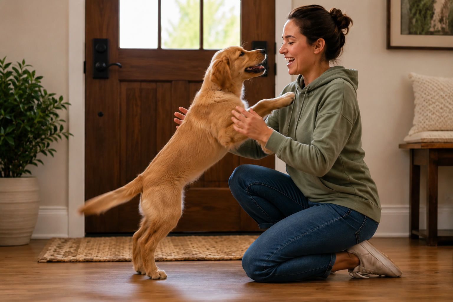 Owner smiling and giving attention to a young golden dog jumping up during an excited greeting at the front door.