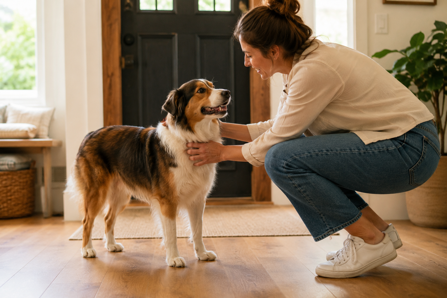 Calm dog standing with all four paws on the floor while a person greets it.