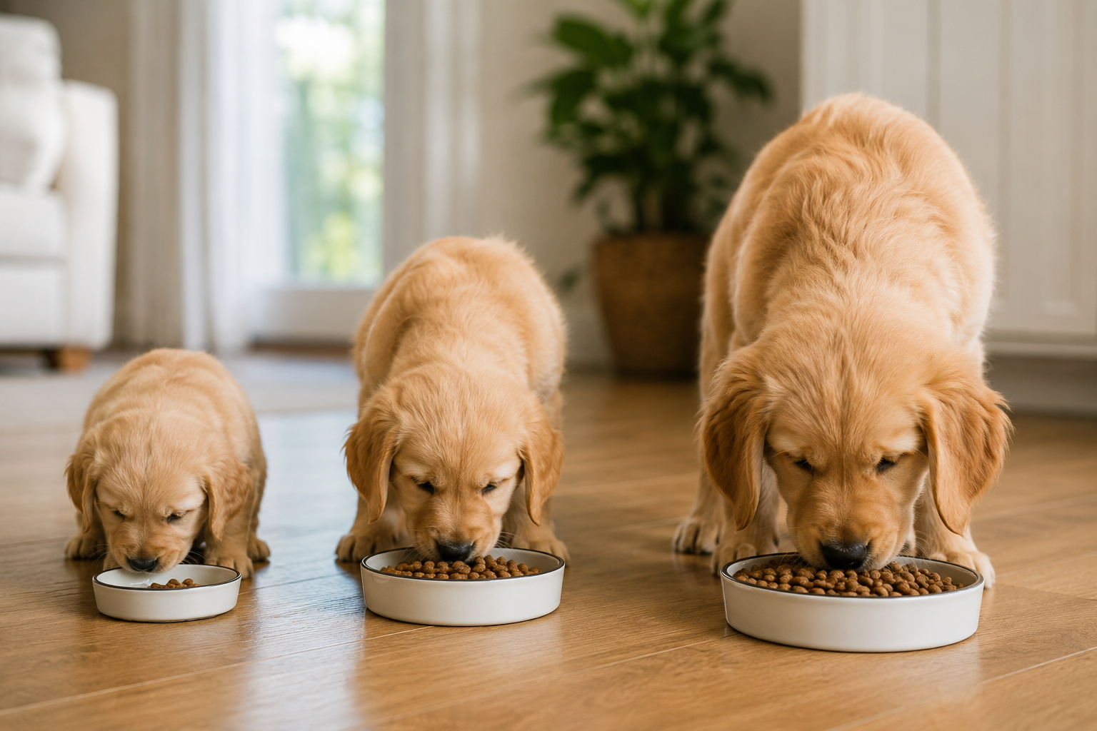 Puppies of different ages eating, showing how feeding portions change as they grow.