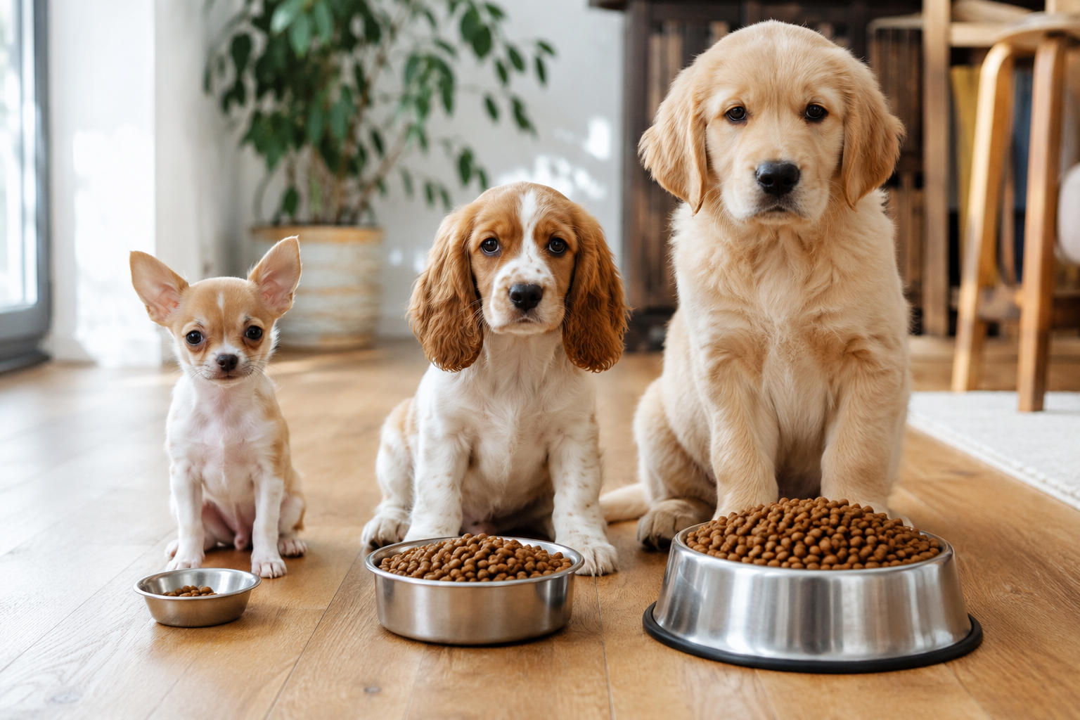 Small, medium and large breed puppies together showing how size affects feeding needs.