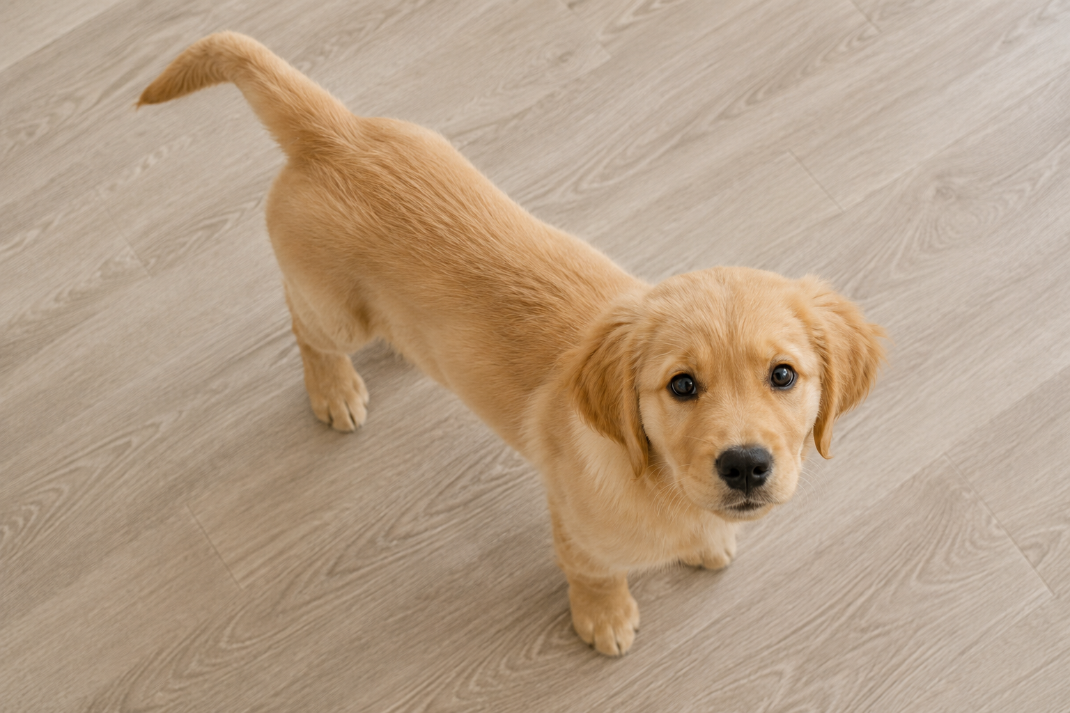 Healthy puppy viewed from above showing a visible waist and good body condition.
