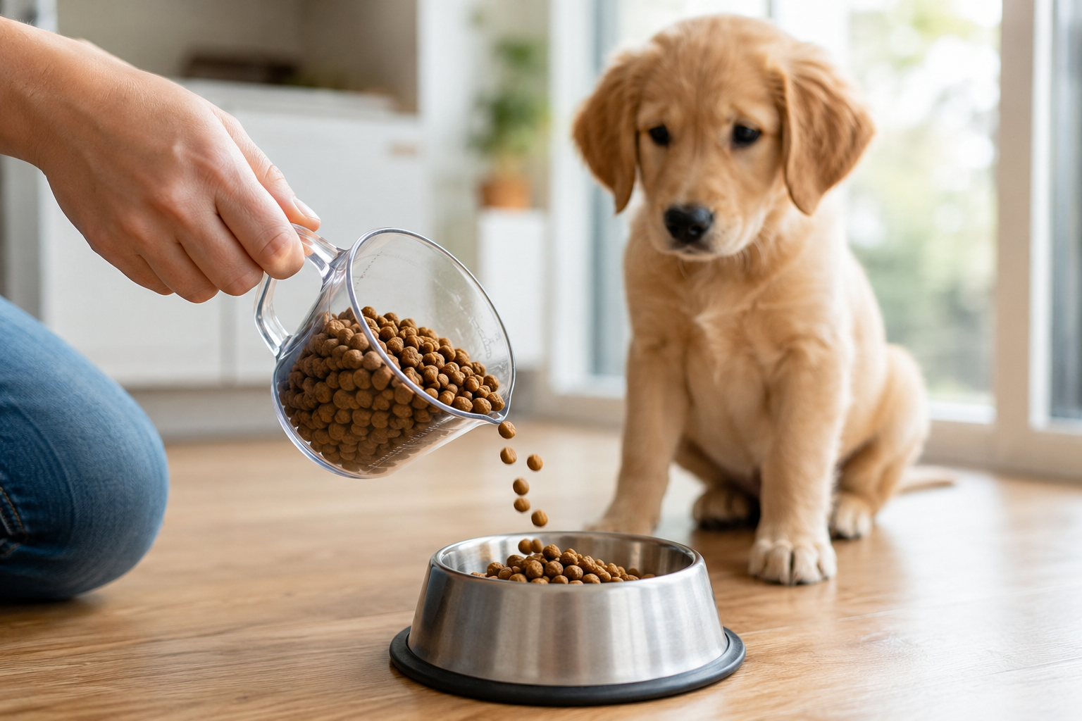 Measuring cup of puppy kibble used to portion meals accurately by age and breed.
