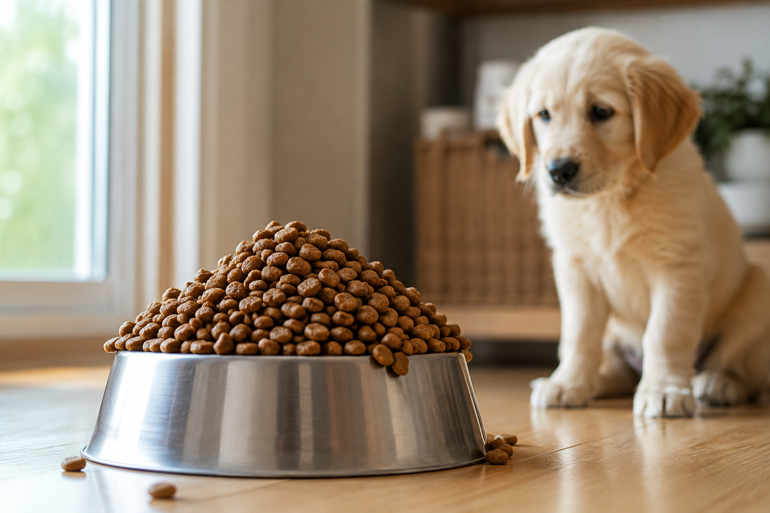 Overfilled dog bowl illustrating the risk of overfeeding a growing puppy.