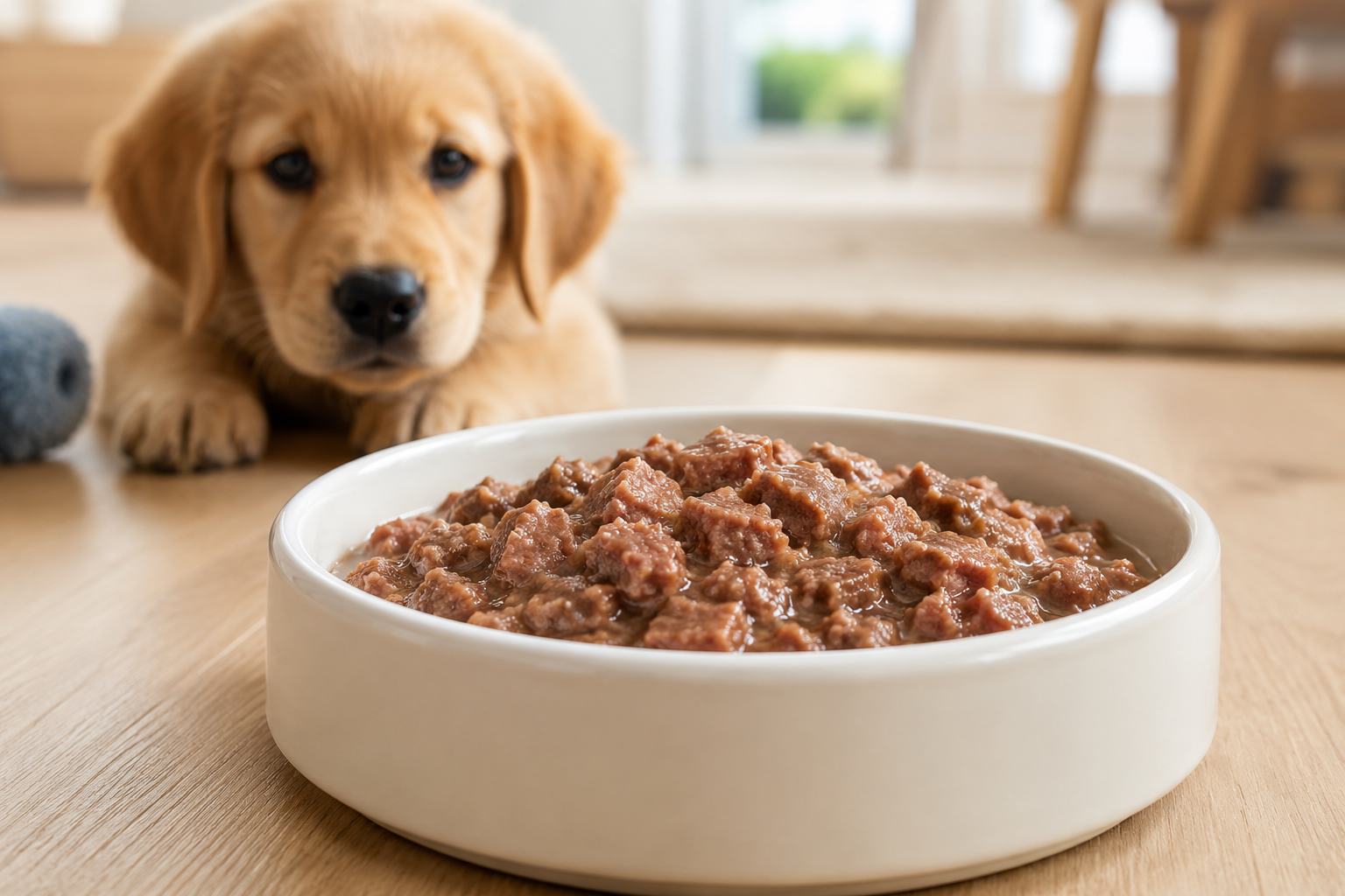 Soft, moist wet dog food served in a bowl for a young puppy.