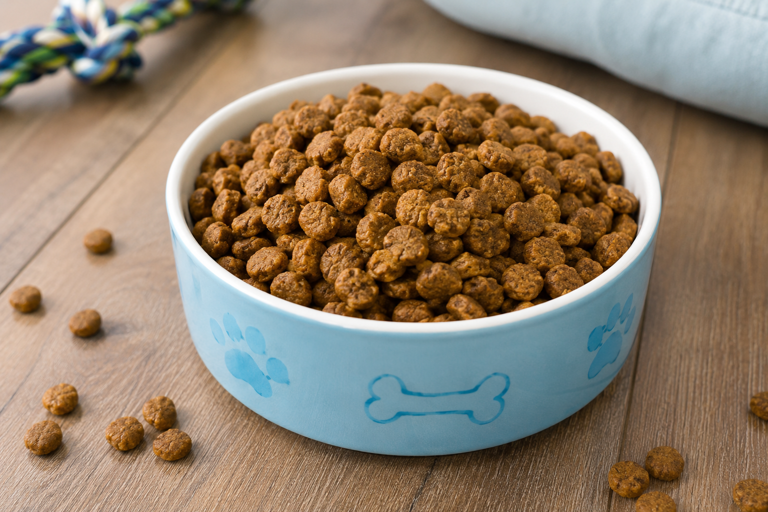 Bowl of dry kibble showing the crunchy texture of dry puppy food.