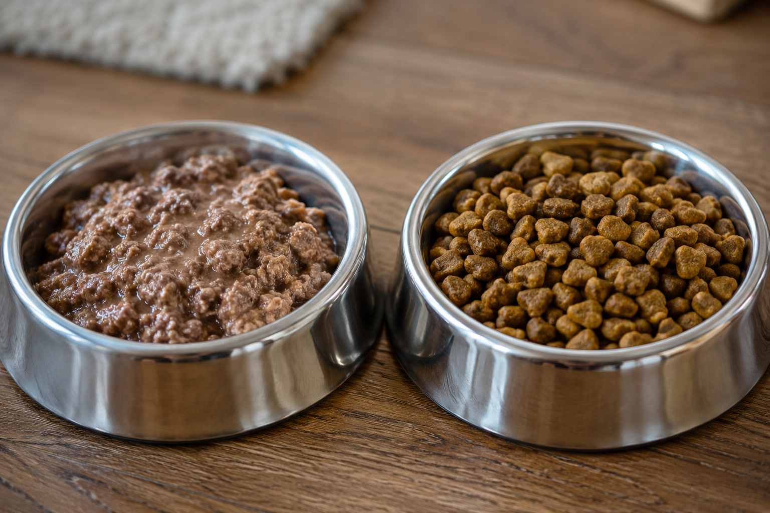 Wet food and dry kibble shown together to compare texture and moisture.