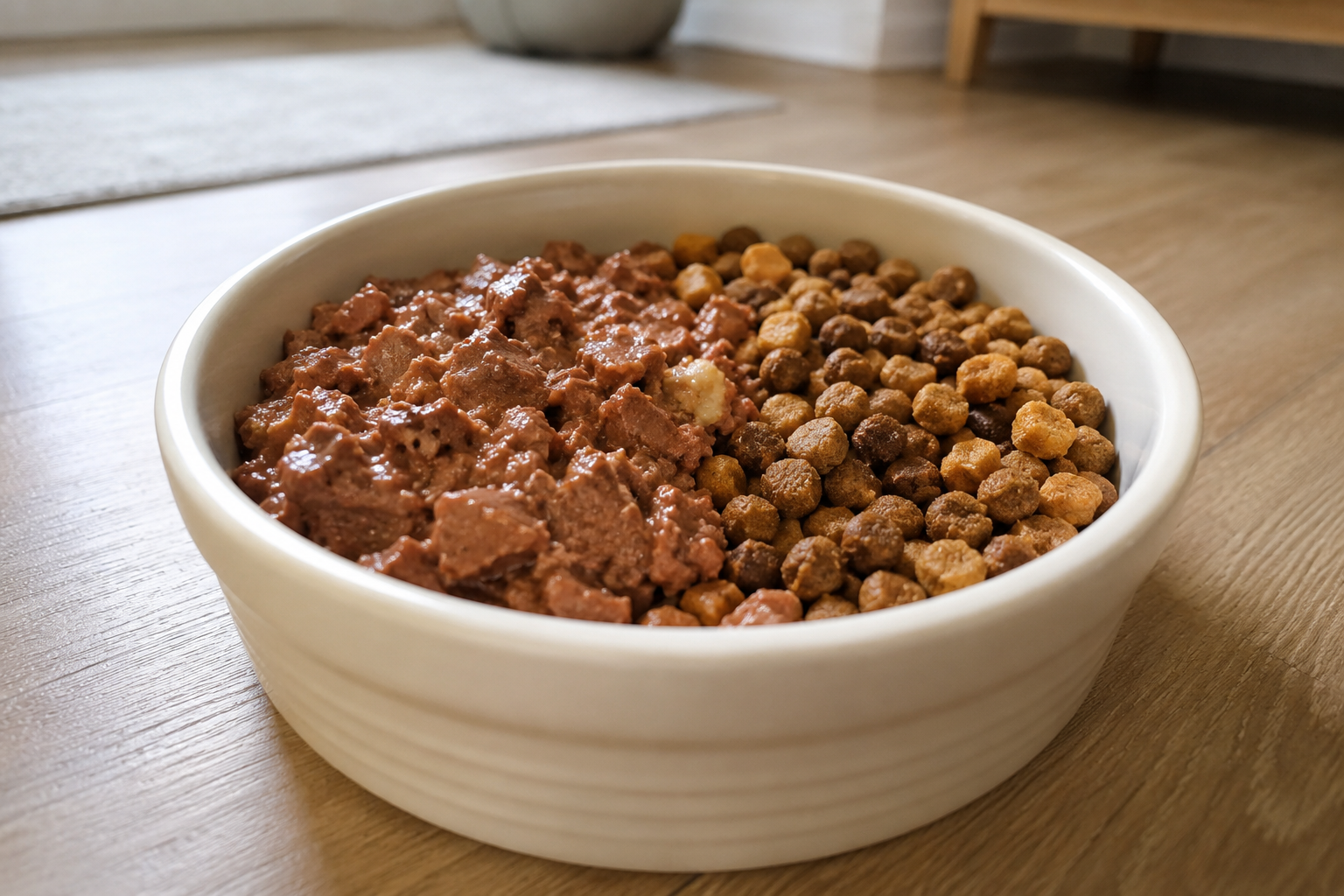 Bowl combining wet food and dry kibble as a mixed feeding approach for puppies.
