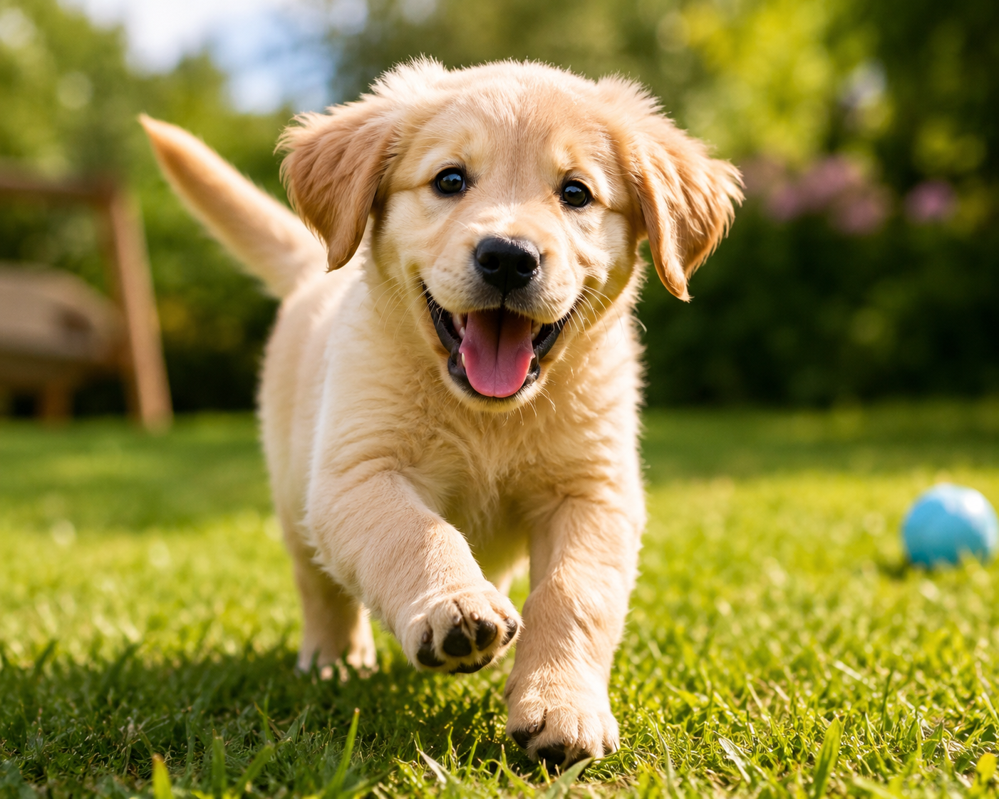 Bright, active puppy with a shiny coat, a sign its food suits it well.