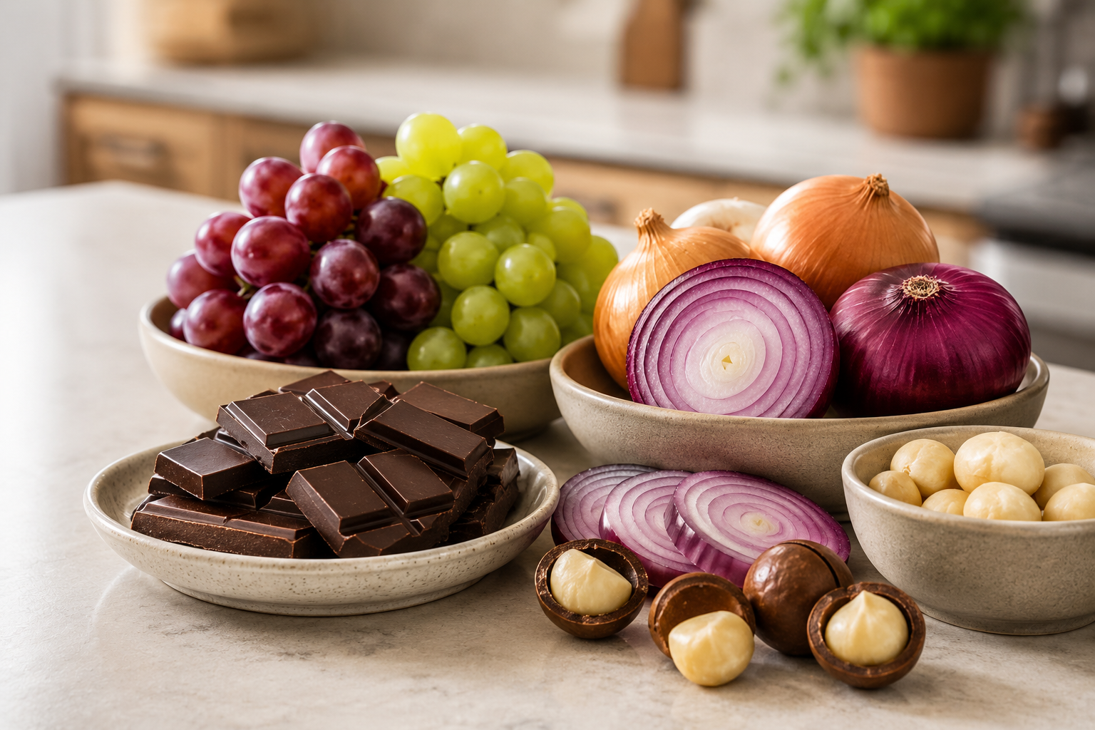 Chocolate, grapes, onions and macadamia nuts grouped as foods toxic to dogs.