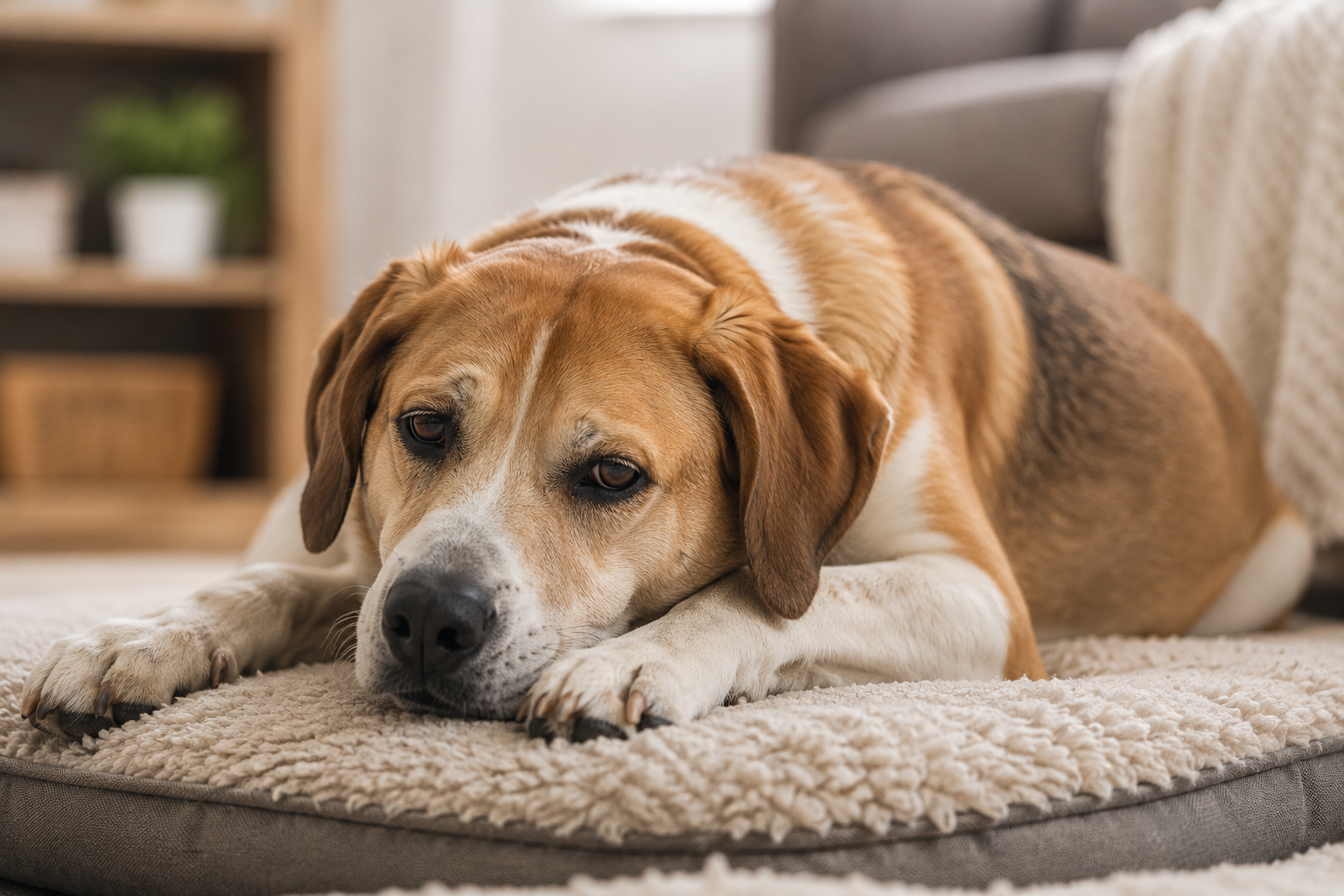 Lethargic dog resting, illustrating symptoms of food poisoning to watch for.