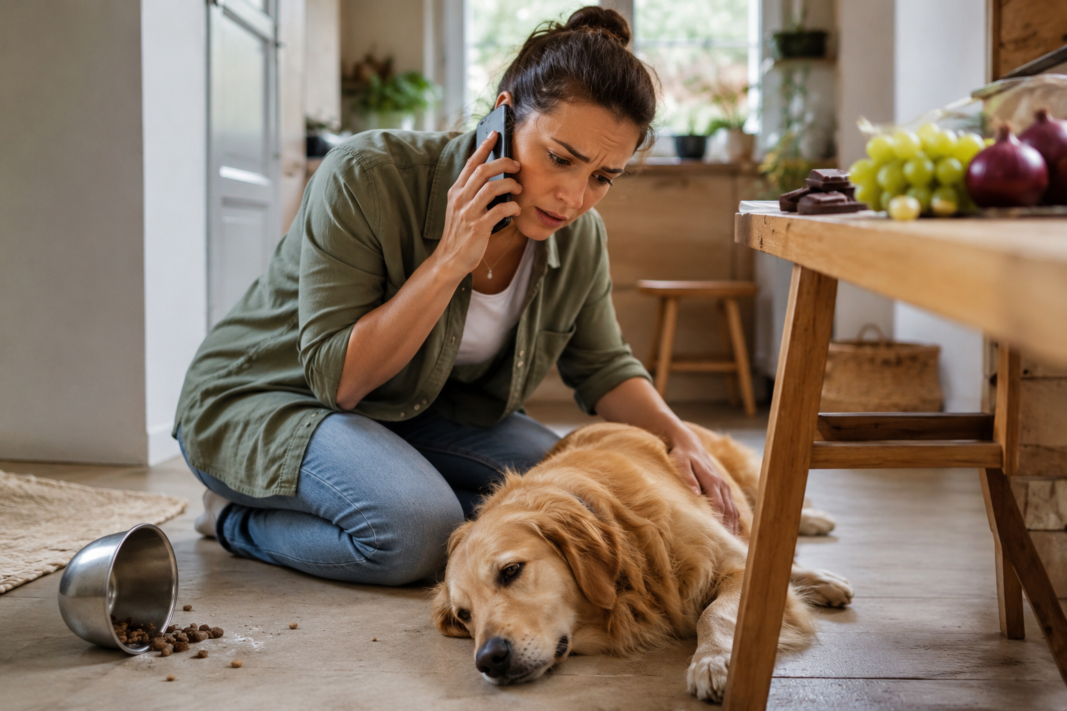 Worried owner phoning the vet after a dog has eaten something toxic.