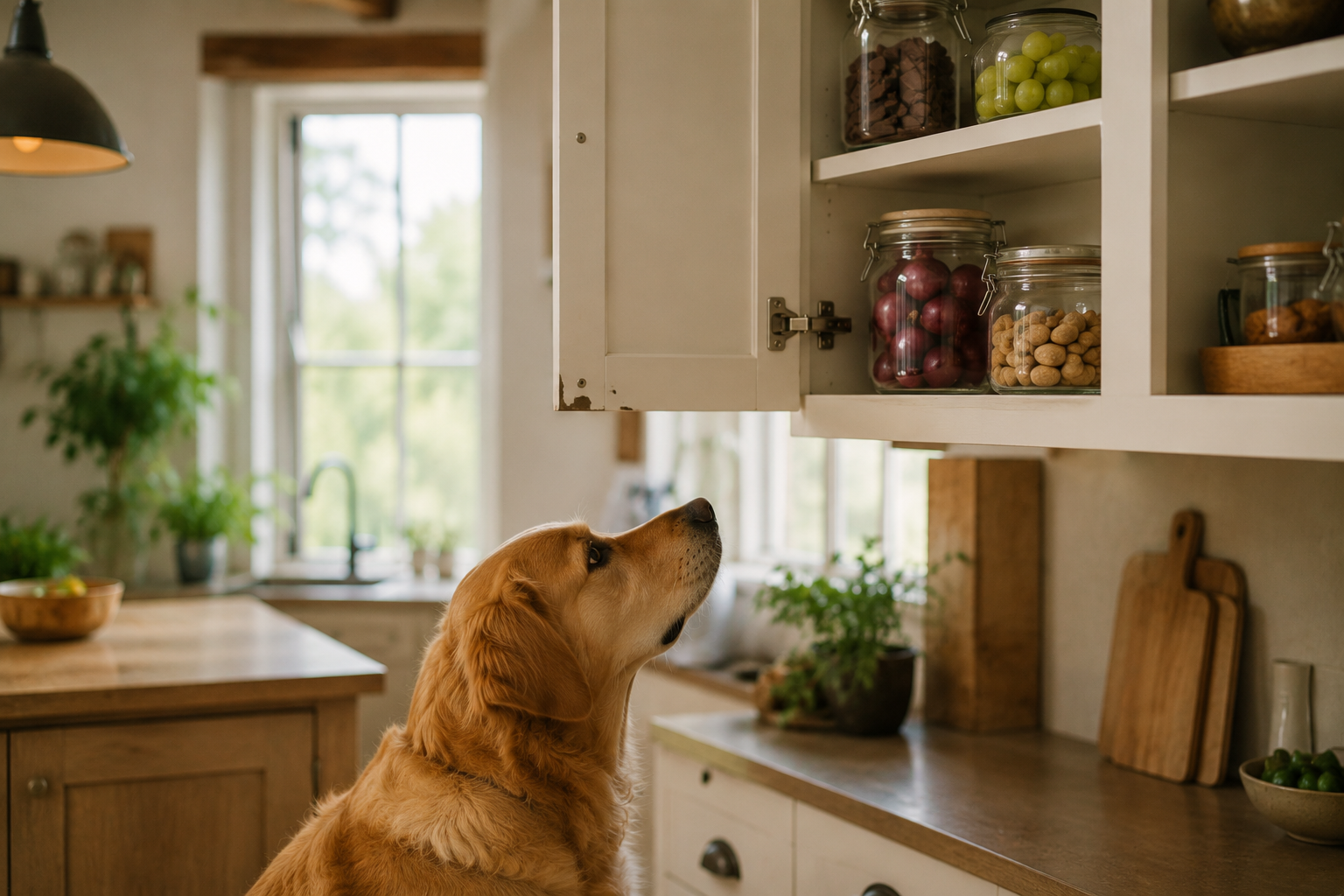 Toxic human foods stored safely in a sealed cupboard out of a dog's reach.