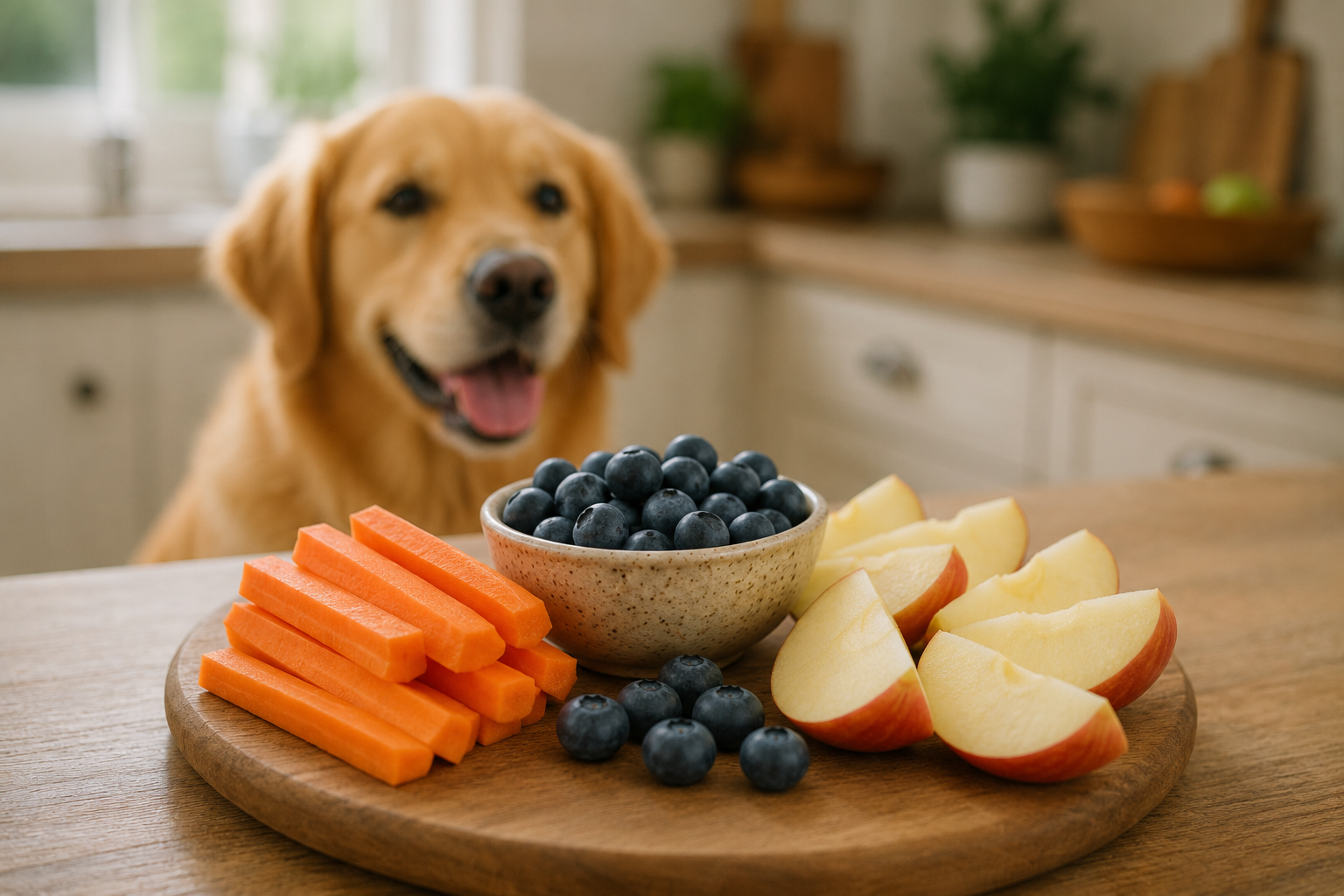 Carrots, blueberries and apple slices shown as safe treat alternatives for dogs.