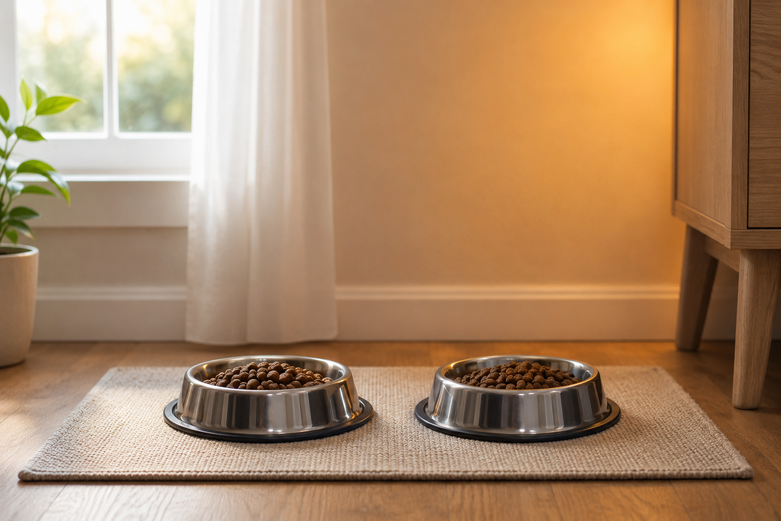 Two dog bowls representing morning and evening meals on a twice-daily schedule.