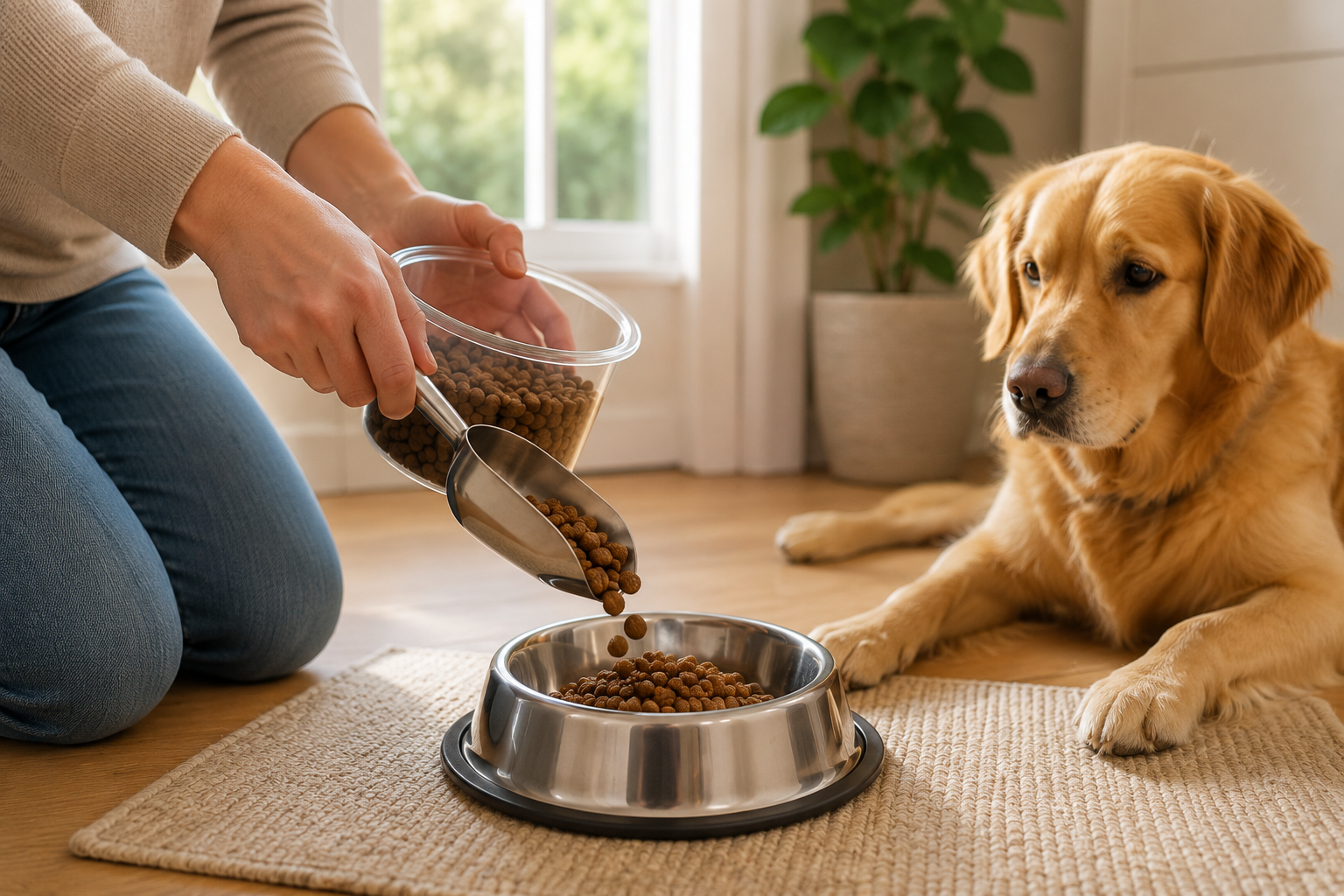 Owner measuring dog food to control portions for an adult dog's daily meals.