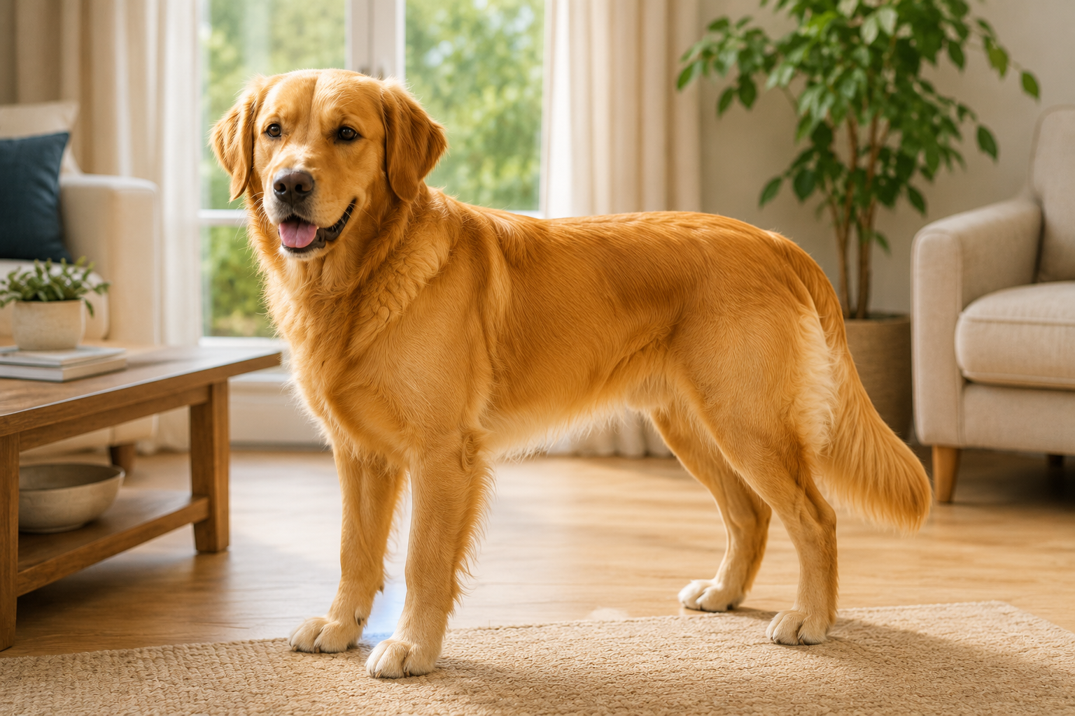 Fit adult dog in healthy body condition, a sign the feeding routine is working.