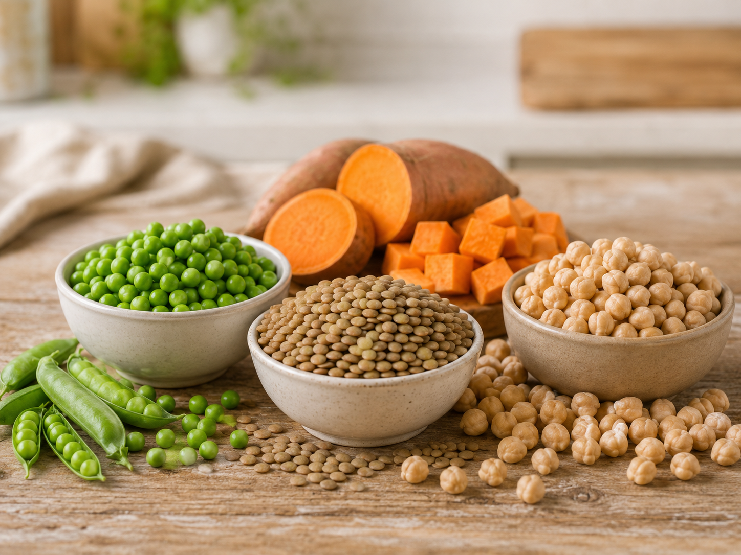 Peas, lentils, chickpeas and sweet potato used as grain-free carbohydrate sources.