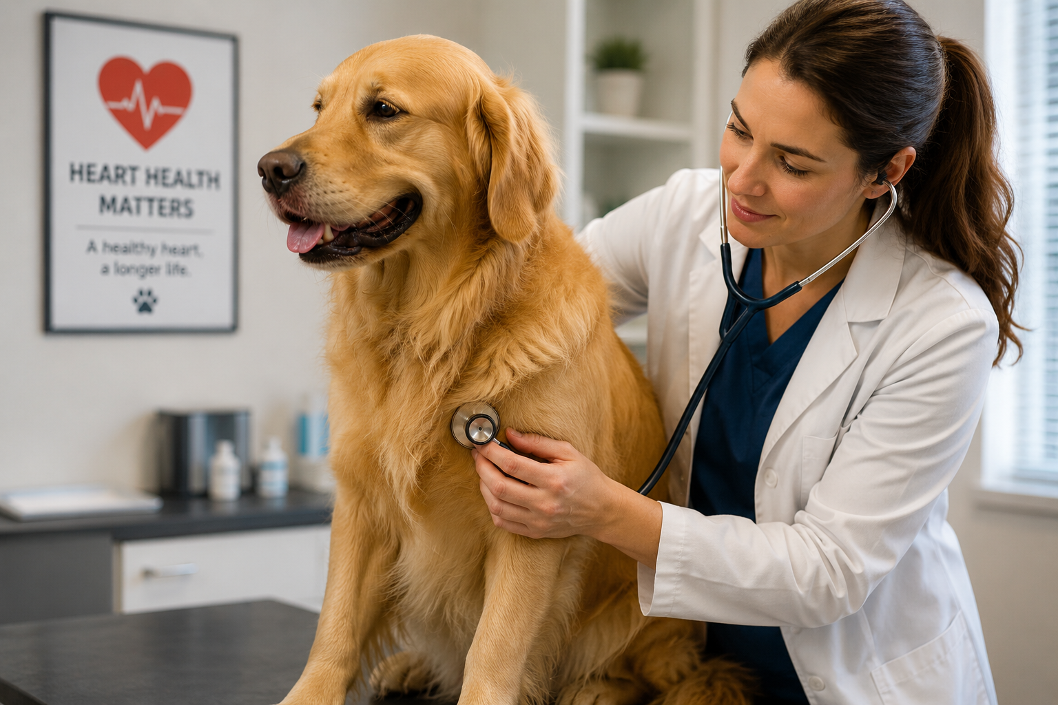 Veterinarian examining a dog, reflecting heart-health concerns linked to some diets.