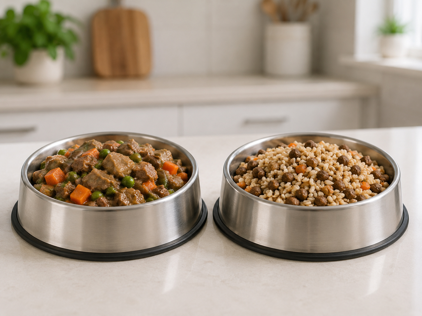 Two bowls comparing grain-free food and grain-inclusive food side by side.