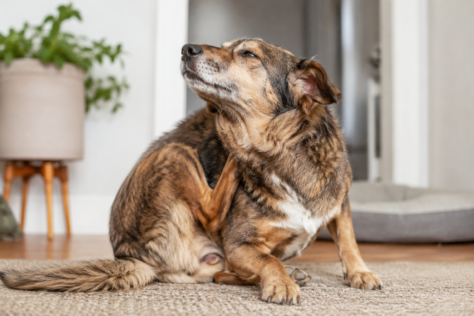 Dog scratching with a dull coat, a physical sign a diet may not suit it.