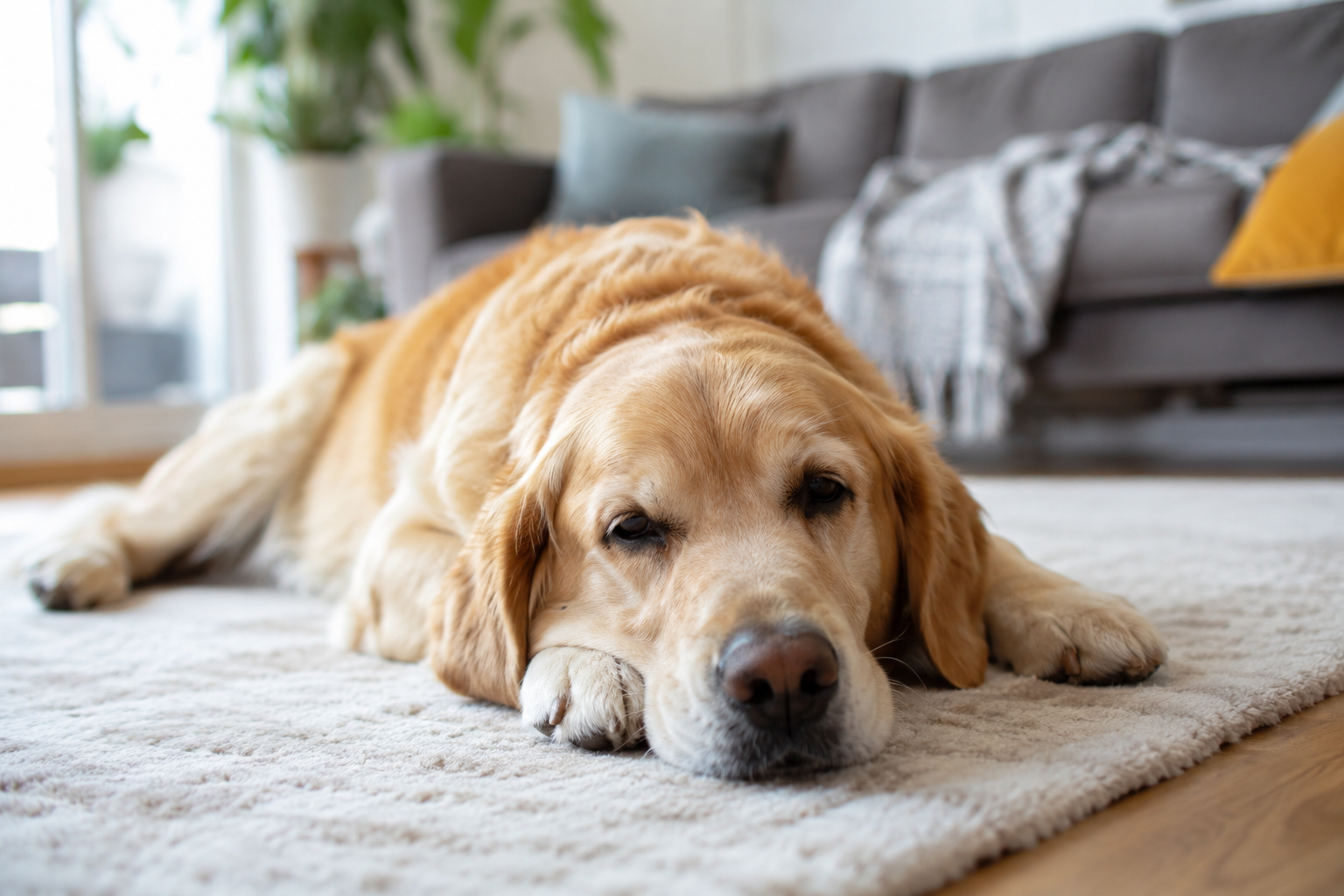 Tired dog lying down showing low energy, a behavioural sign of poor nutrition.