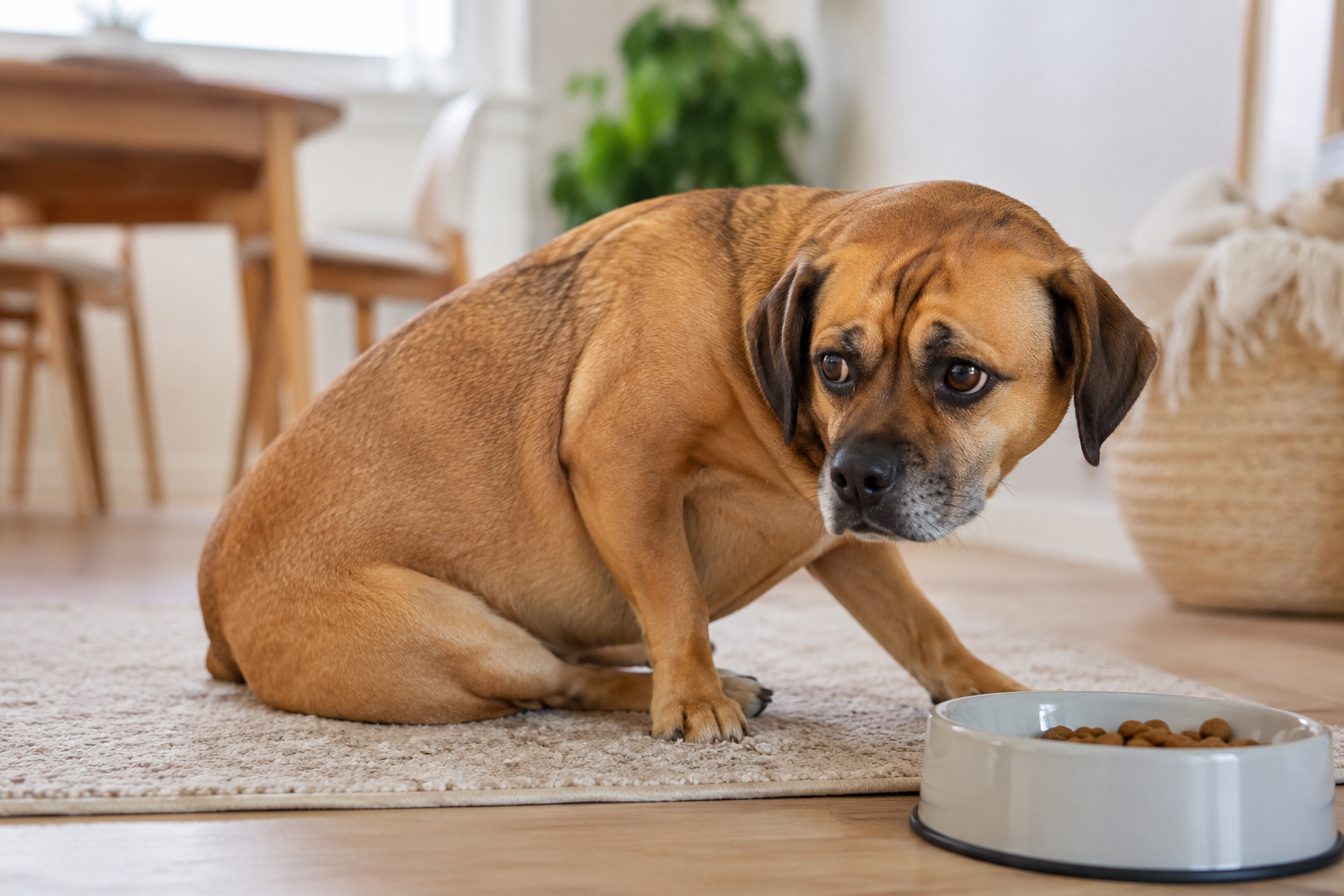 Dog appearing uncomfortable after eating, indicating possible digestive problems.
