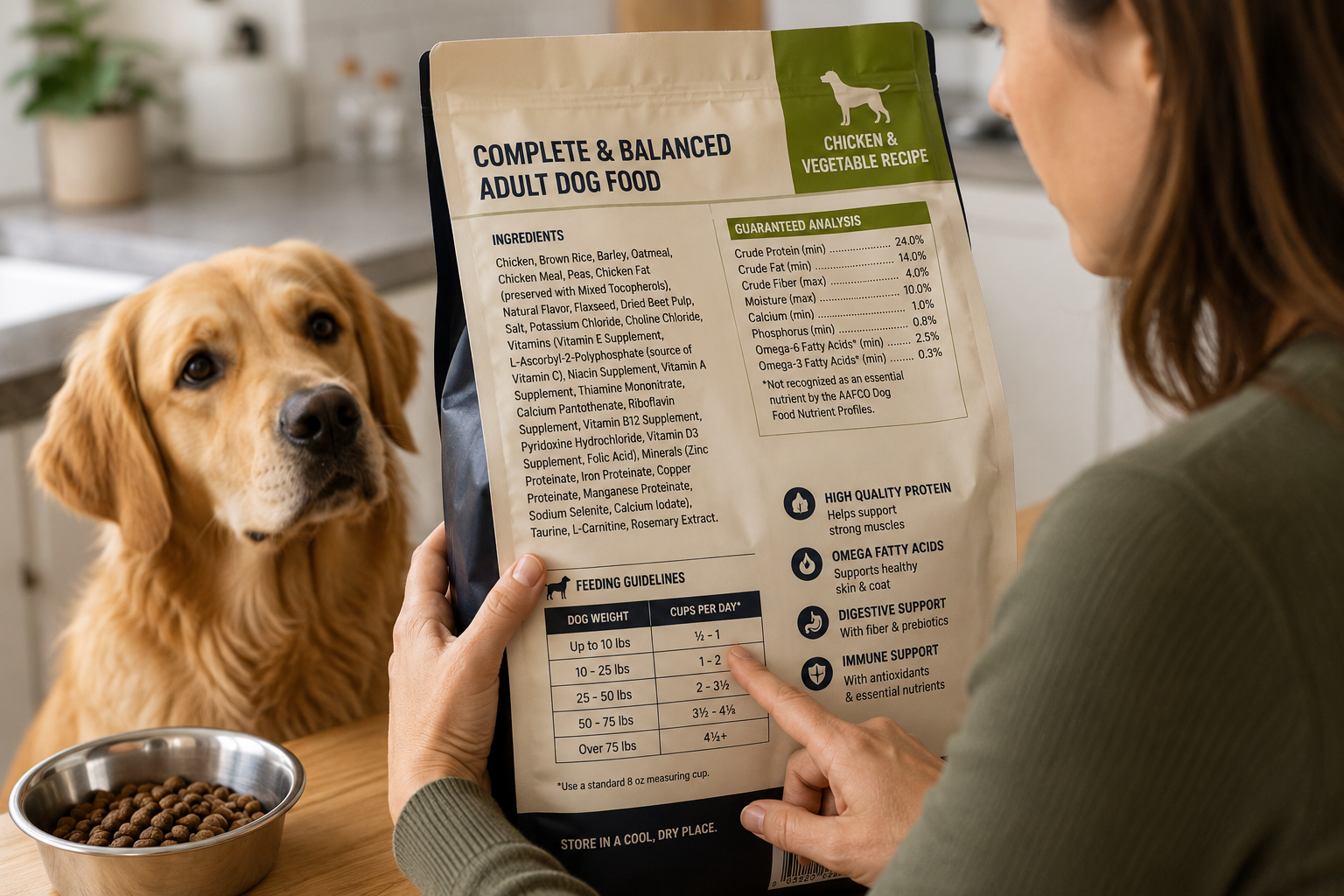 Owner checking a dog food label when deciding whether to change the diet.