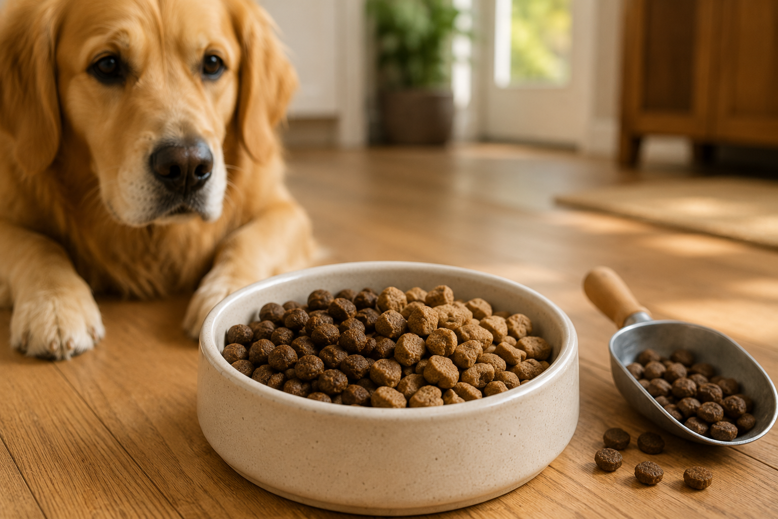 Old and new dog food mixed together to transition a dog's diet gradually.