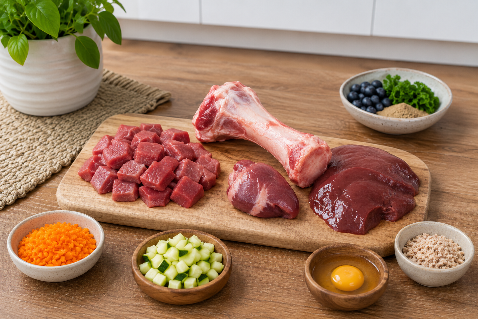 Raw muscle meat, bone and organ meat laid out as ingredients for a raw puppy diet.