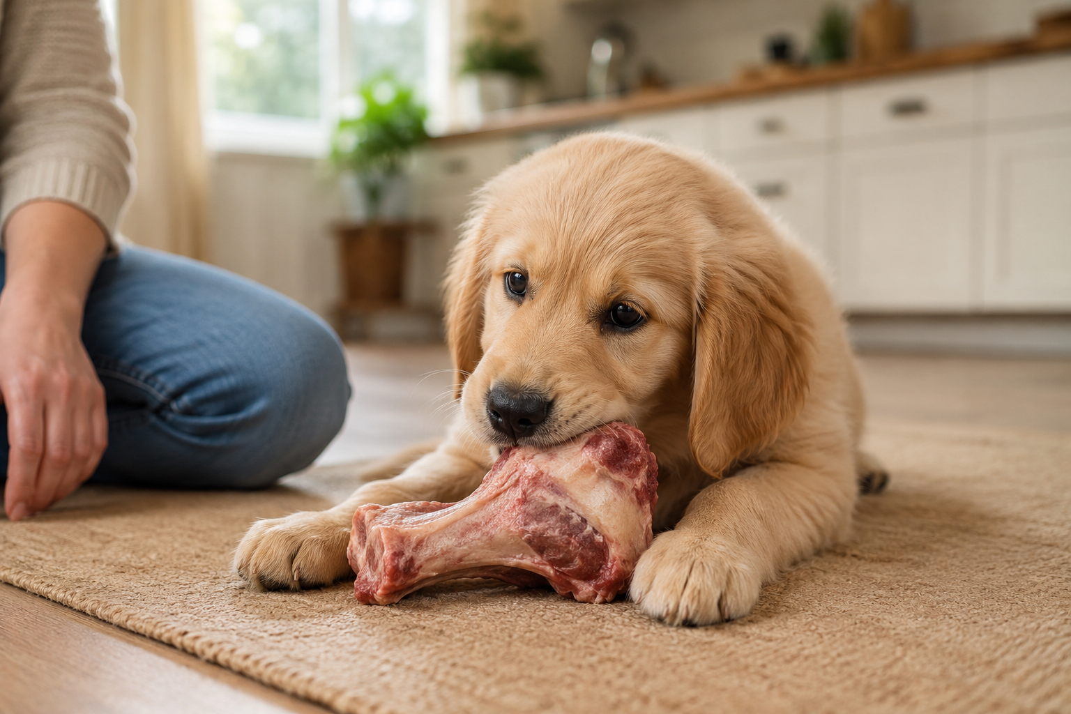 Puppy chewing an appropriate raw meaty bone under close supervision.