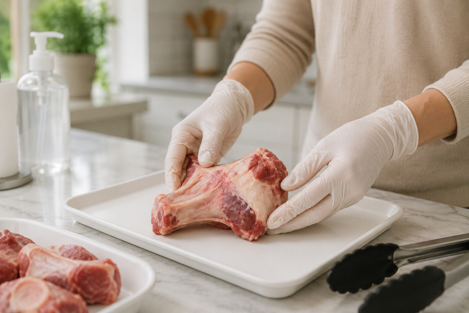 Raw meat being handled with care to reduce the risk of bacterial contamination.