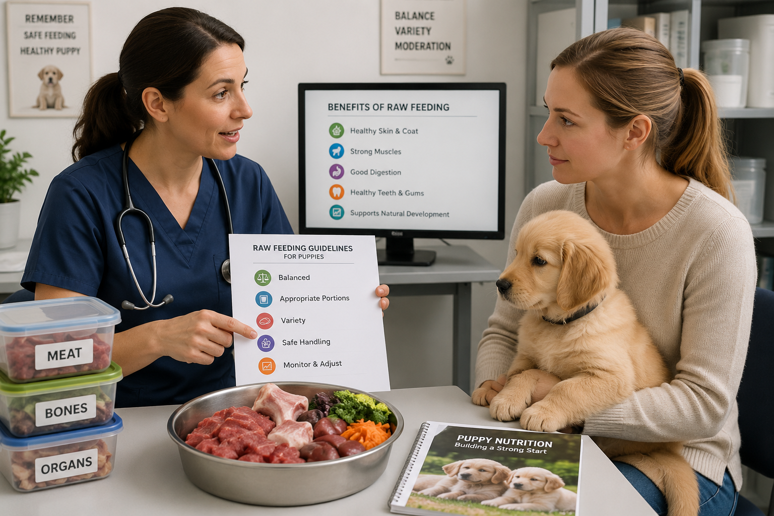 Veterinarian advising a puppy owner about safe and balanced feeding.
