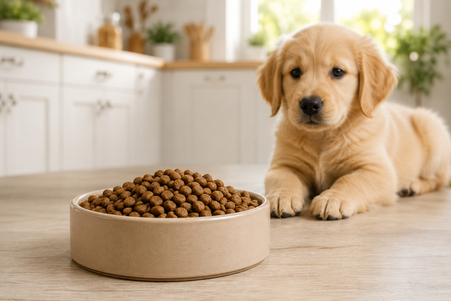 Bowl of complete commercial puppy food as a balanced alternative to raw feeding.