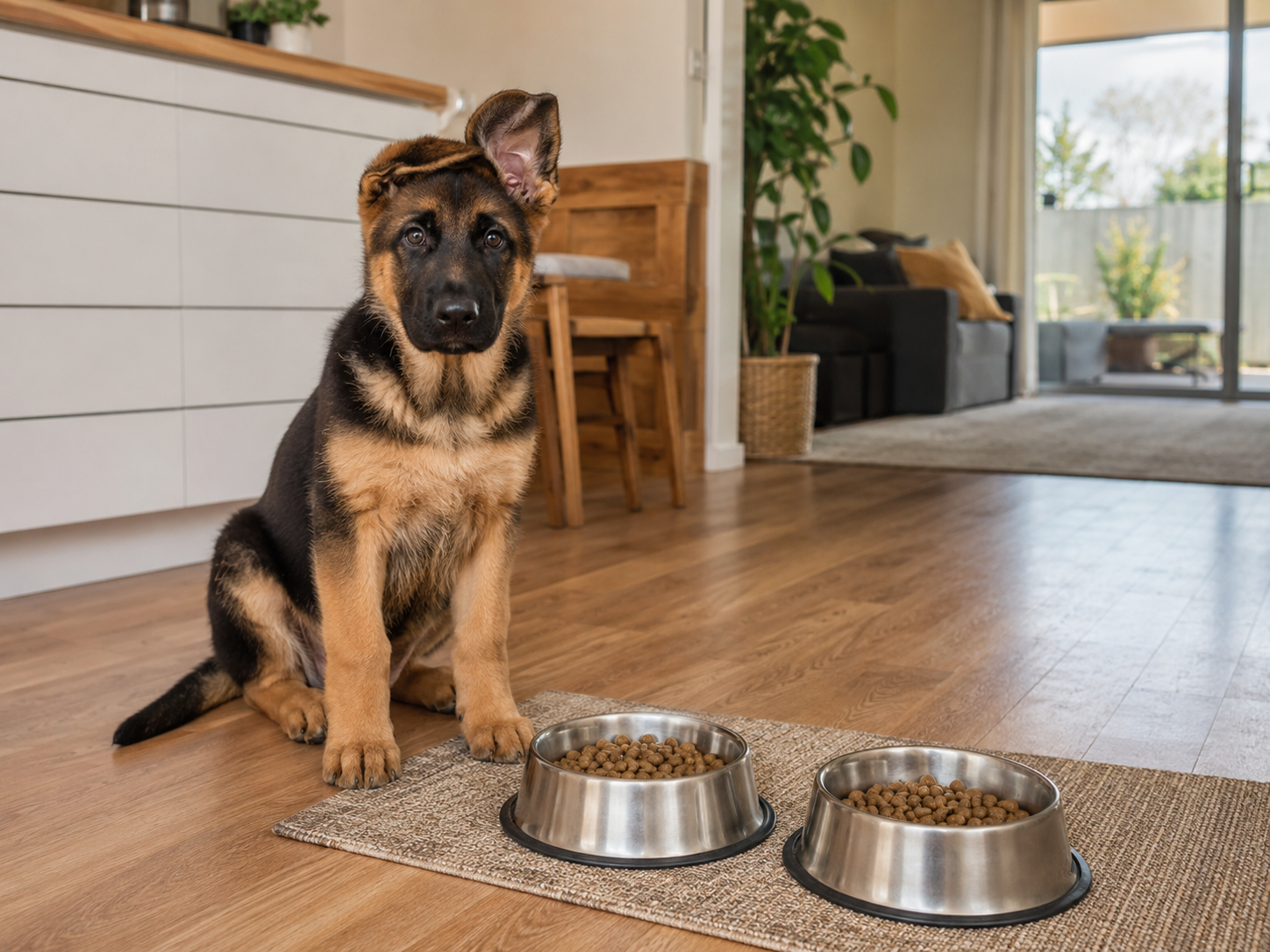 Large breed puppy beside measured meals at feeding time.