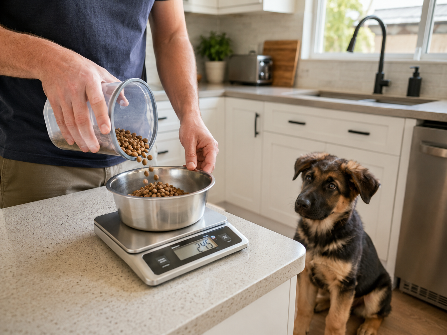 Owner weighing kibble to measure a puppy food portion.