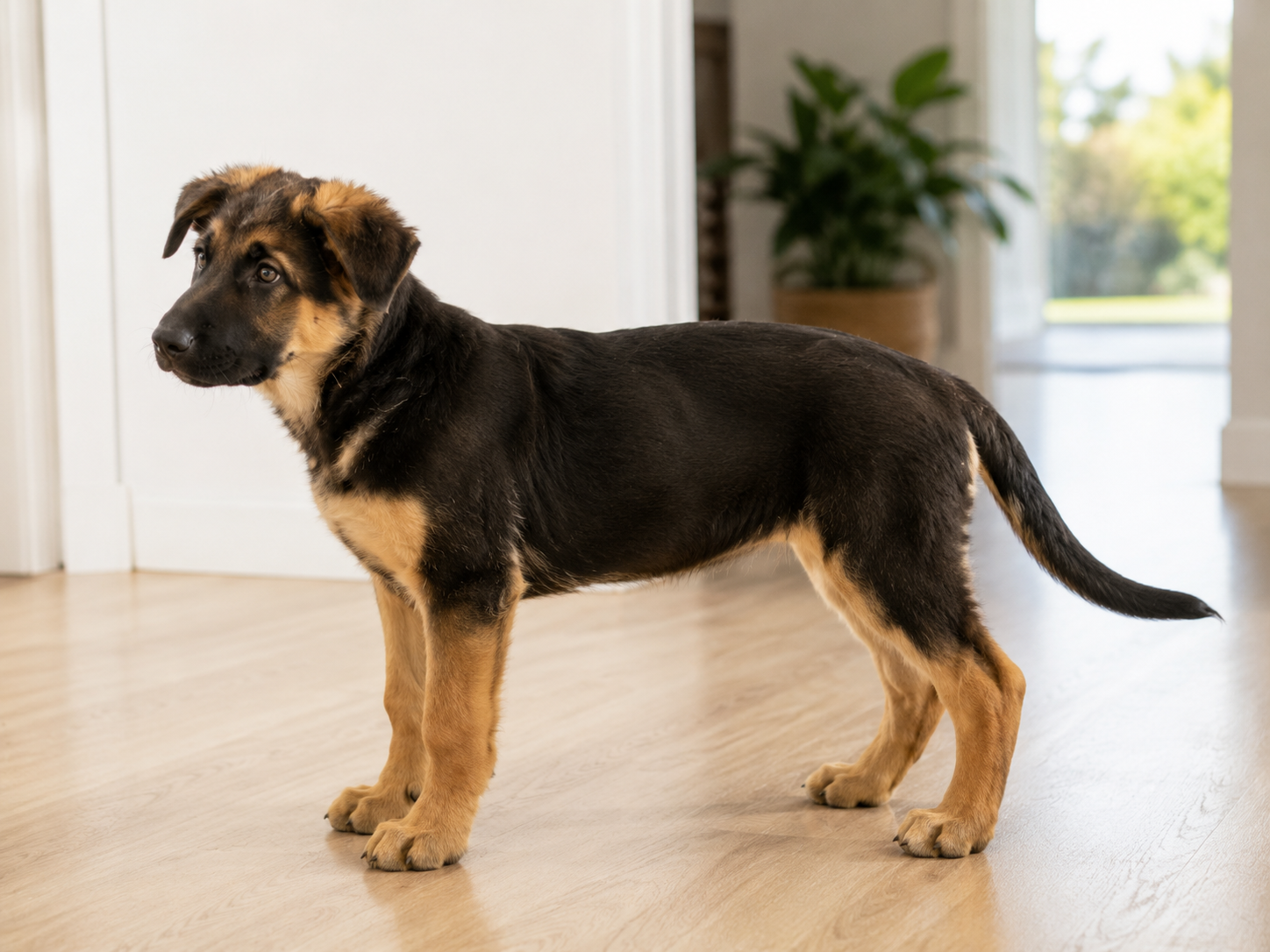 Lean large breed puppy with a visible waist in profile.