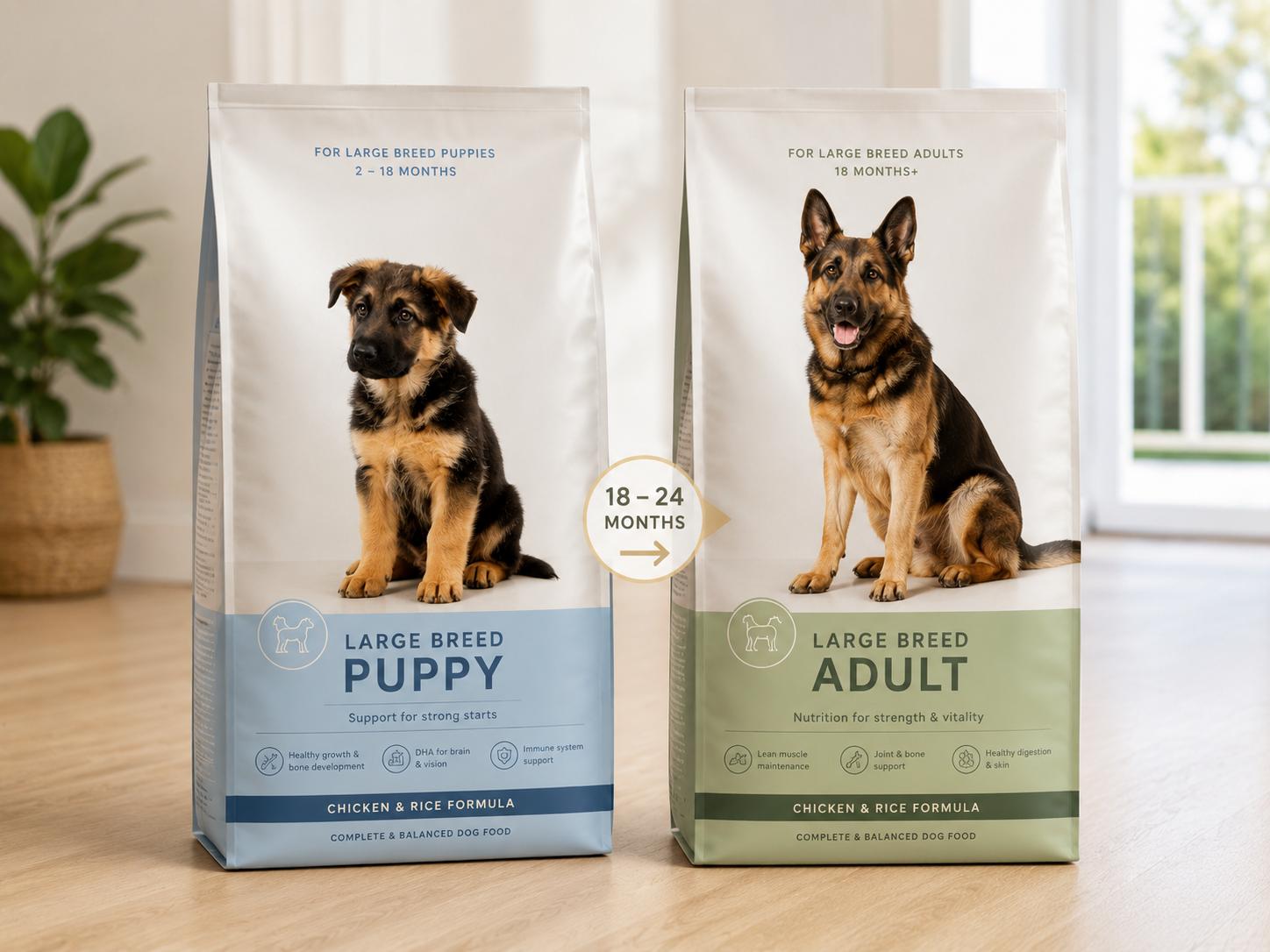 Large breed puppy and adult dog food packs side by side.