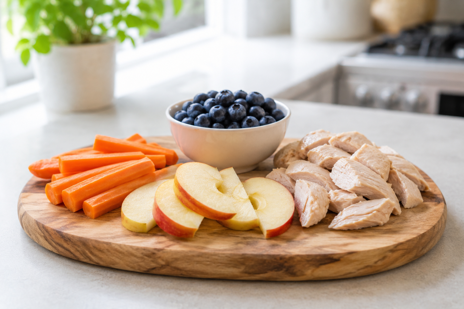 Dog-safe foods including carrot, apple, chicken and blueberries.