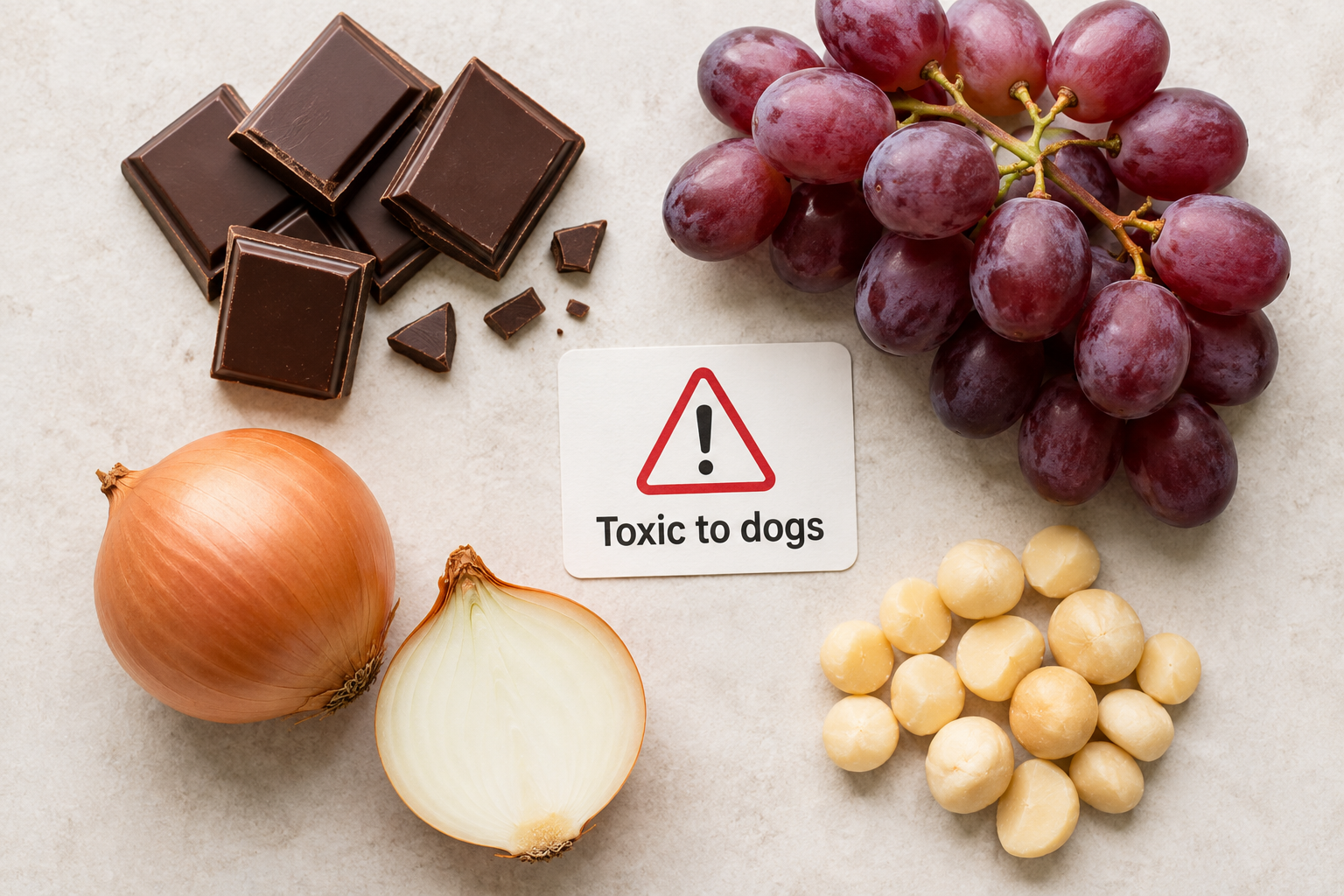 Foods toxic to dogs including chocolate, grapes and onion.