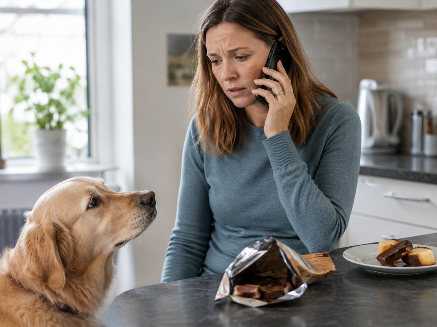 Owner phoning for vet advice with a dog nearby.
