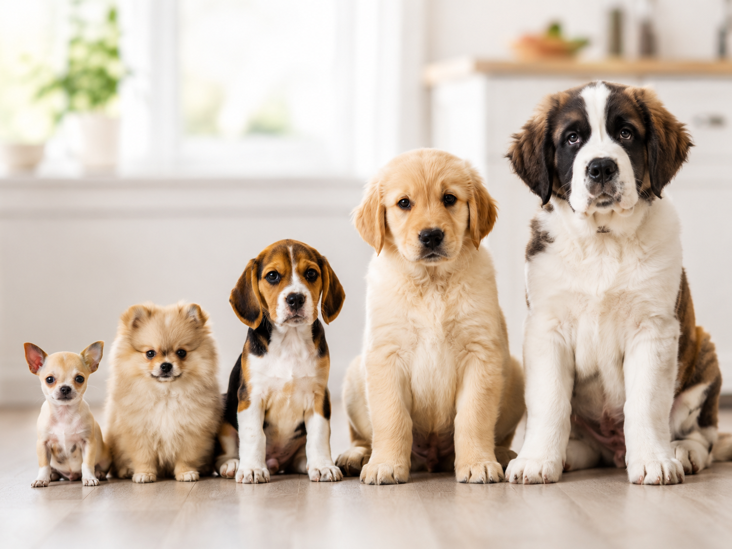 Puppies of different breed sizes from toy to giant.